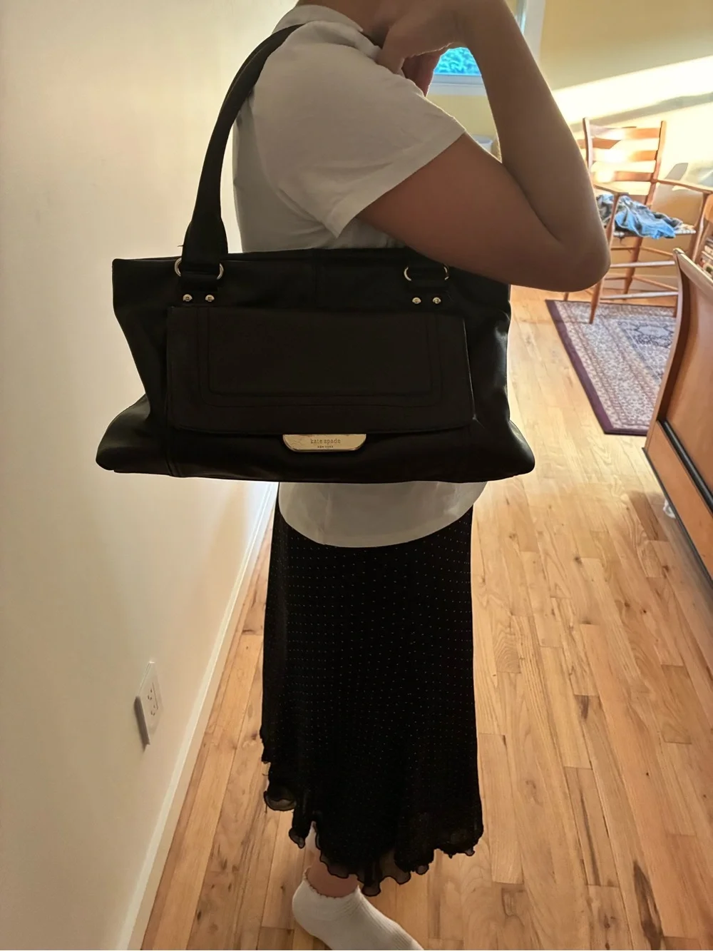 Kate Spade Black Leather Shoulder Bag with Front Pocket